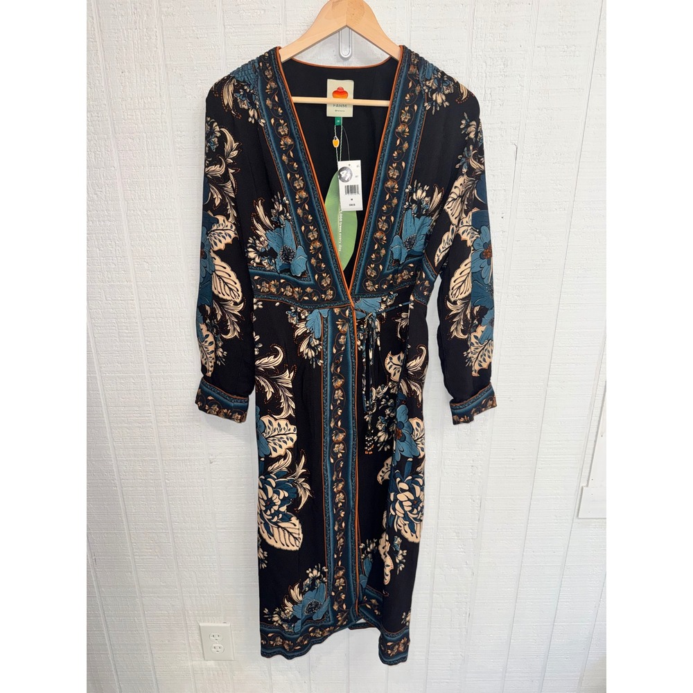 Farm Rio Blossom Tapestry Wrap Dress Women Black Floral Midi M